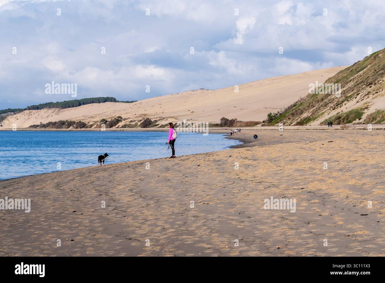 La teste-de-Buch (Francia sud-occidentale): spiaggia “plage du Petit-Nice”. I turisti si godono il sole sulla spiaggia in autunno. Donna che cammina il suo cane e guarda Foto Stock