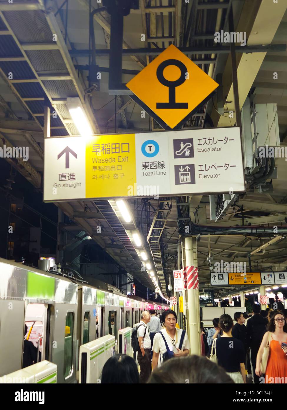Piattaforma notturna della linea JR di okyo Yamanote - cartello di uscita Waseda e pendolari Foto Stock
