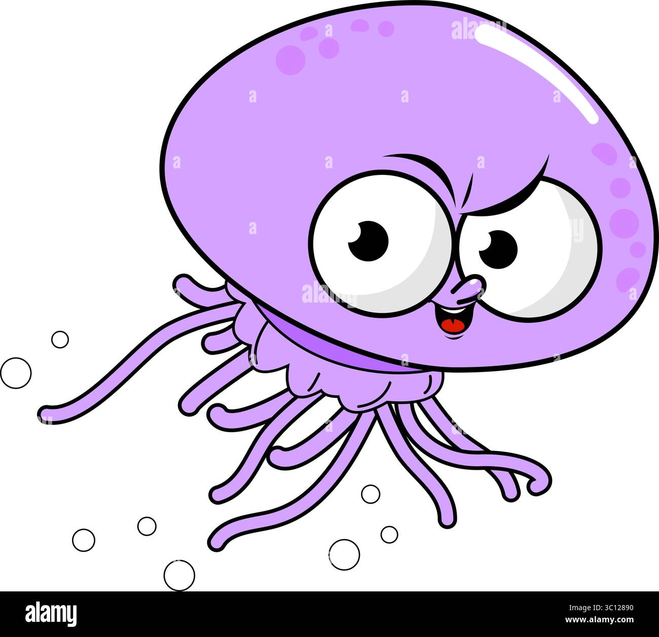 Gelatina di cartoni animati. Animali marini che nuotano nel mare. Divertente medusa arrabbiata che punge sott'acqua. Illustrazione vettoriale Illustrazione Vettoriale