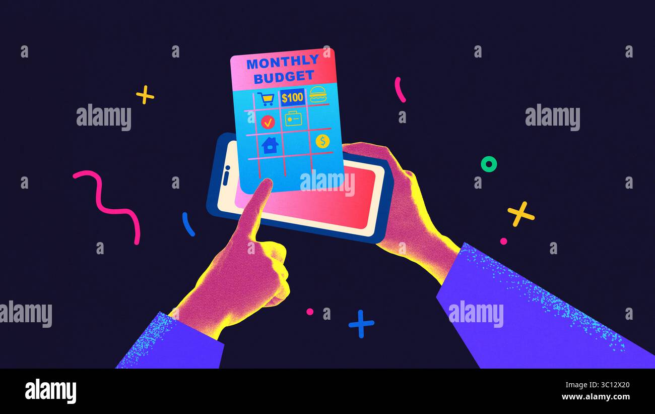 Collage di mani al neon selezionando il grafico del budget mensile sullo smartphone con elementi vivaci dell'interfaccia utente al neon Foto Stock