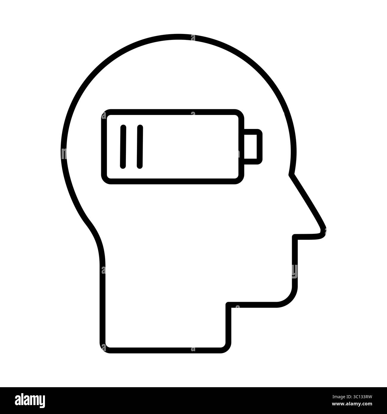 Icona della linea Burnout. Testina con batteria scarica. Uomo stanco. Concetto di stanchezza, vuoto, fatica. Mente a bassa energia. Bisogno di riposo e di guarigione. Vettore Illustrazione Vettoriale