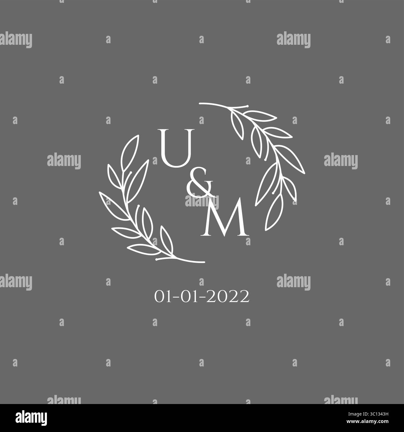 Logo nuziale con lettera iniziale UM monogramma e grafica vettoriale con decorazioni creative a foglie Illustrazione Vettoriale