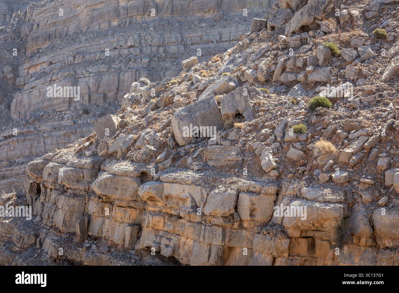 Formazioni rocciose e strati di roccia e strati, vista ravvicinata del pendio roccioso del deserto crepato, secco e roccioso nelle montagne Hajar, Ras al Khaimah, Emirati Arabi Uniti. Foto Stock