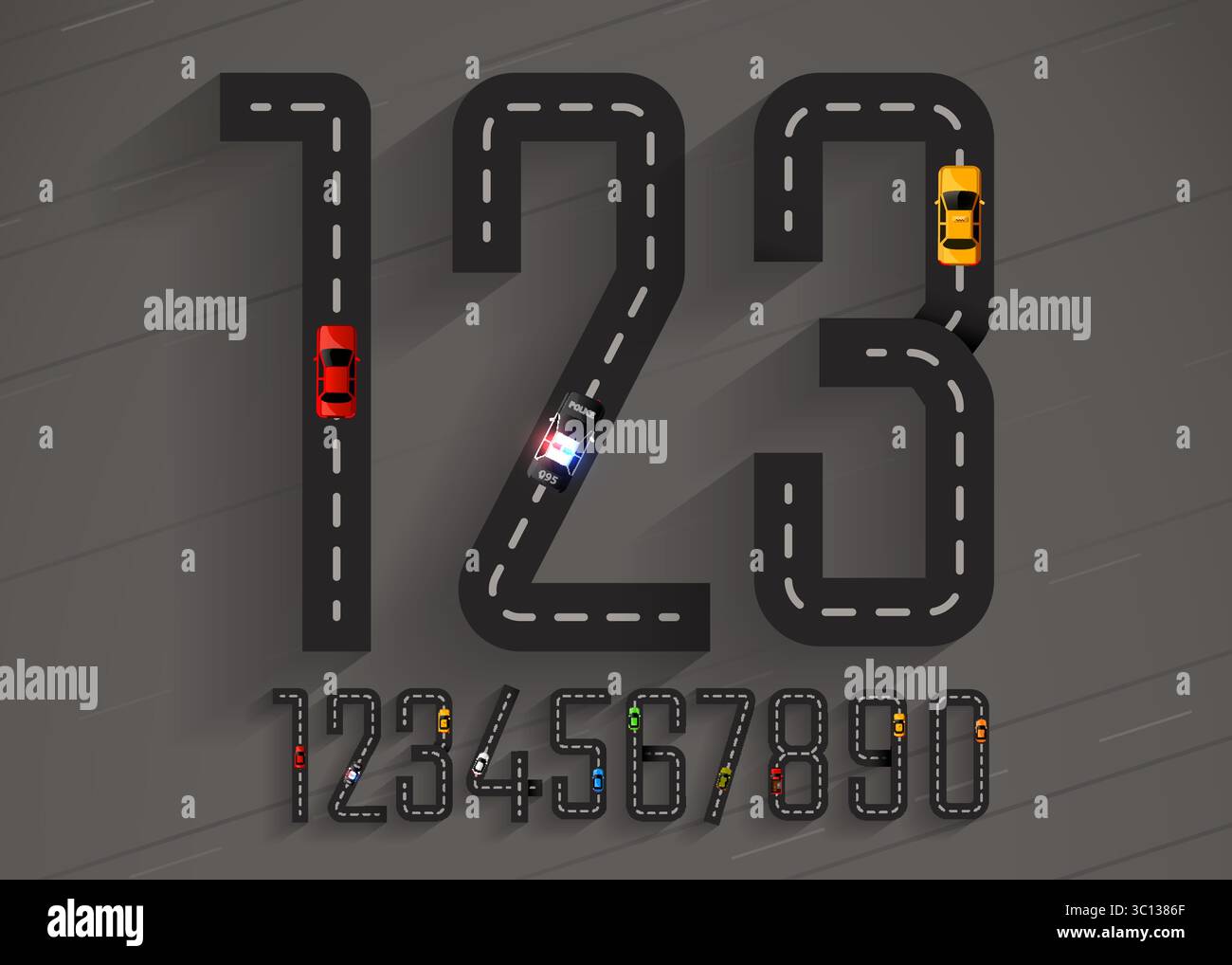 I numeri indicano la strada 1,2,3,4,5,6,7,8,9,0 con linee di demarcazione e automobili. Illustrazione vettoriale Illustrazione Vettoriale