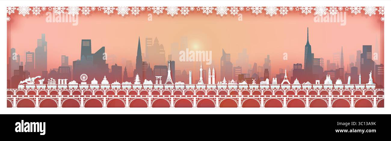 Visita i luoghi di interesse del mondo nel centro città con lo sfondo della città, viaggia in treno sulla capitale per poster e cartolina, Travel World panor Illustrazione Vettoriale