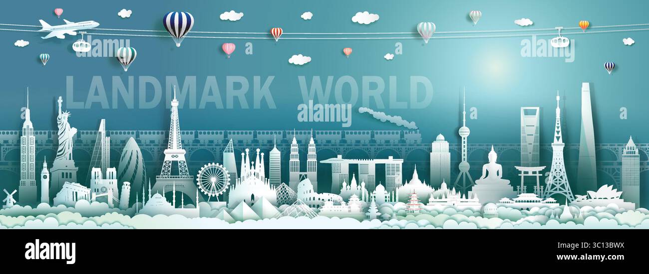 Viaggia in un mondo di monumenti storici con architettura moderna e antica, turismo con panorama in america, europa, asia, australia, italia, spagna. Illustrazione Vettoriale
