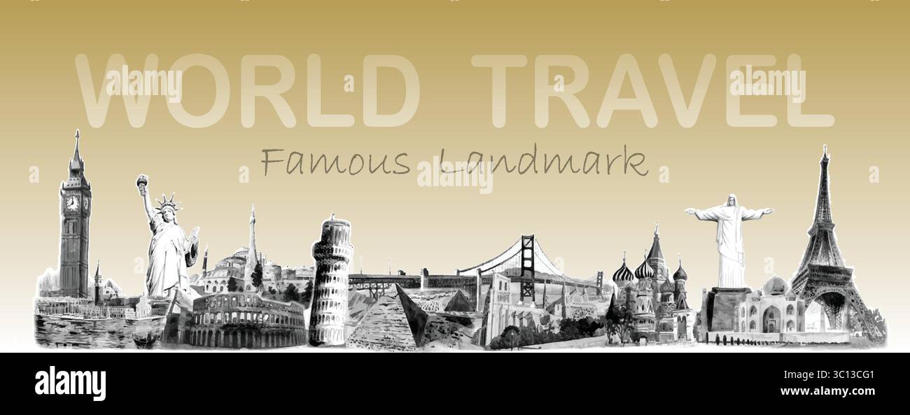 Viaggia intorno ai monumenti famosi in tutto il mondo. Viaggia in america, europa, asia, skyline. Pittura ad acquerello illustrazione stile vettoriale, Landm Illustrazione Vettoriale