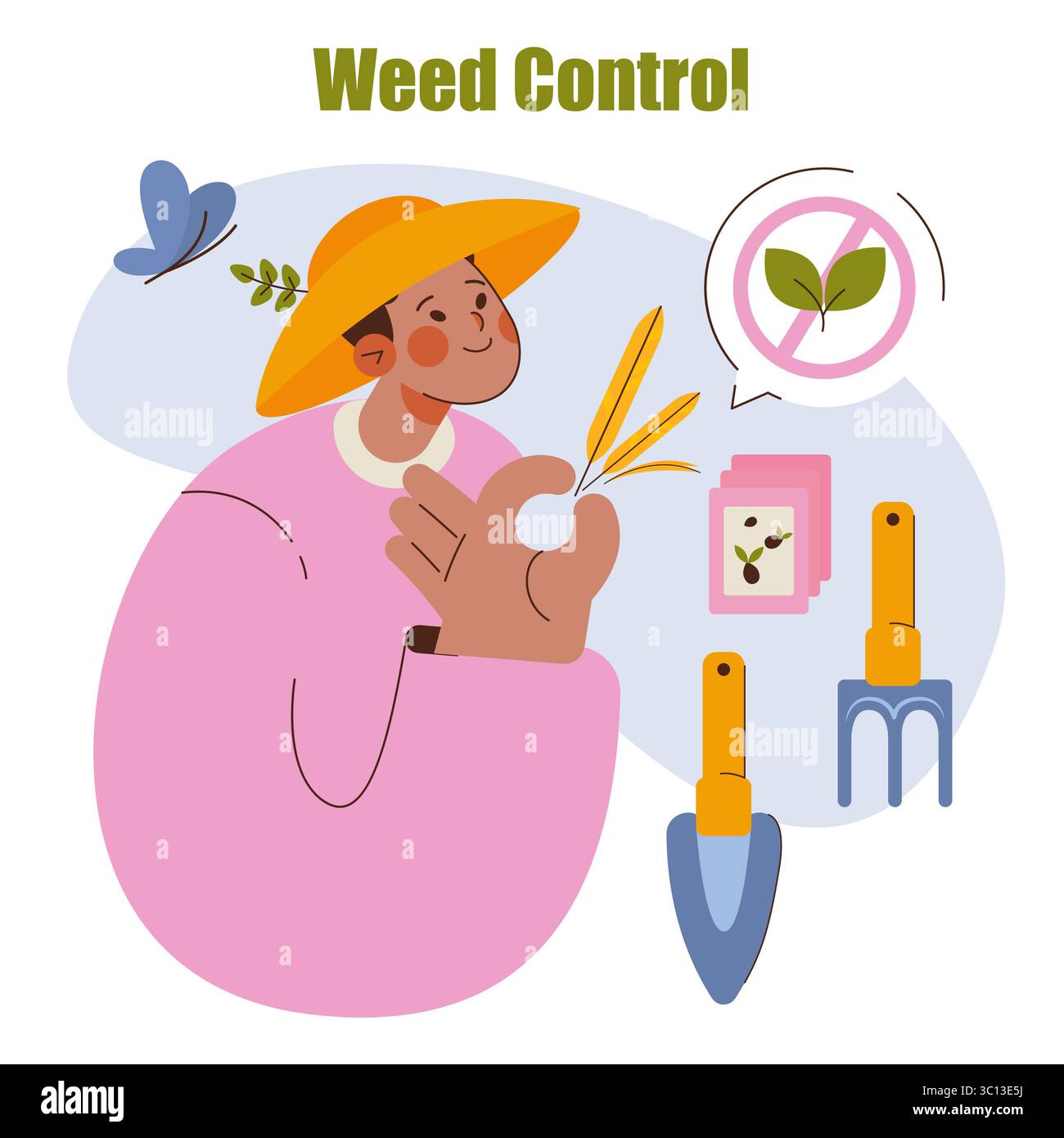 Concetto di orticoltura. Il giardiniere rimuove le erbacce per una crescita delle piante più sana utilizzando attrezzi manuali e pacchetti di semi in un ambiente da giardino, concentrandosi sul controllo e la manutenzione delle erbacce. Illustrazione vettoriale. Illustrazione Vettoriale