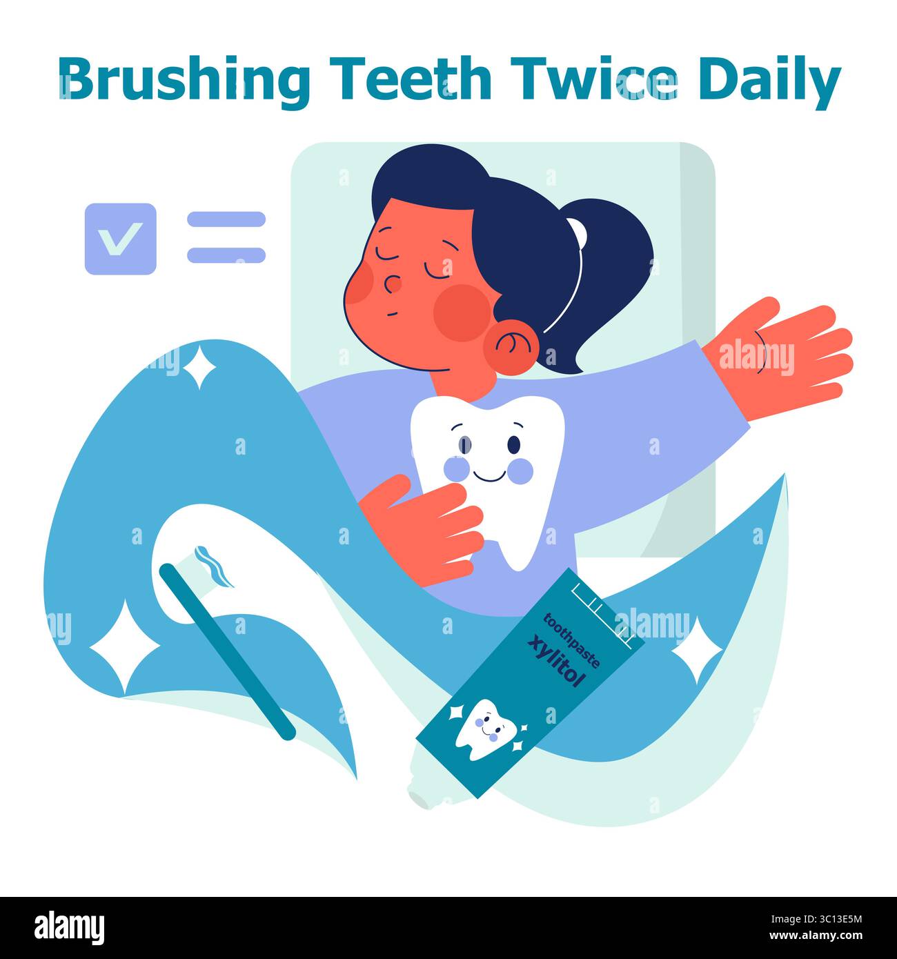 Illustrazione vettoriale di un bambino con un'espressione felice che pratica una buona igiene orale spazzolando i denti due volte al giorno. Include uno spazzolino da denti, un dentifricio e un dente sorridente. Illustrazione Vettoriale