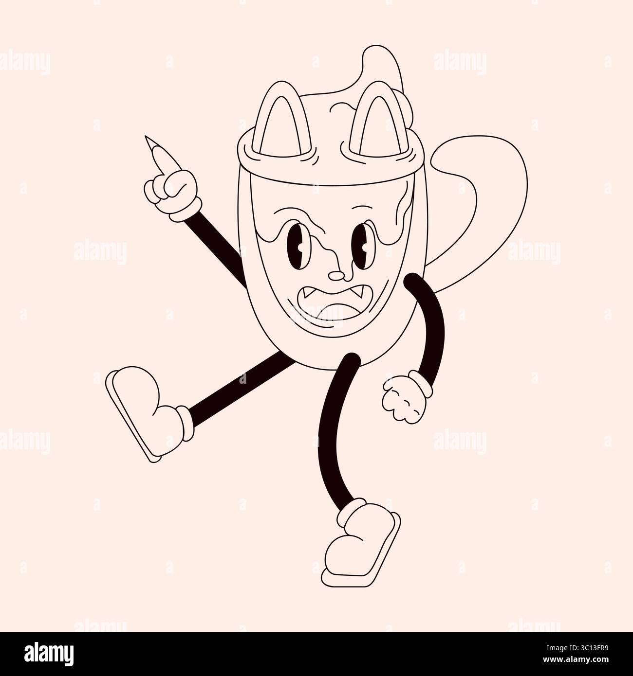 Gatto dal carattere gotico sotto forma di tazza con guanti in stile art-line. Illustrazione retrò isolata su sfondo chiaro. Illustrazione Vettoriale