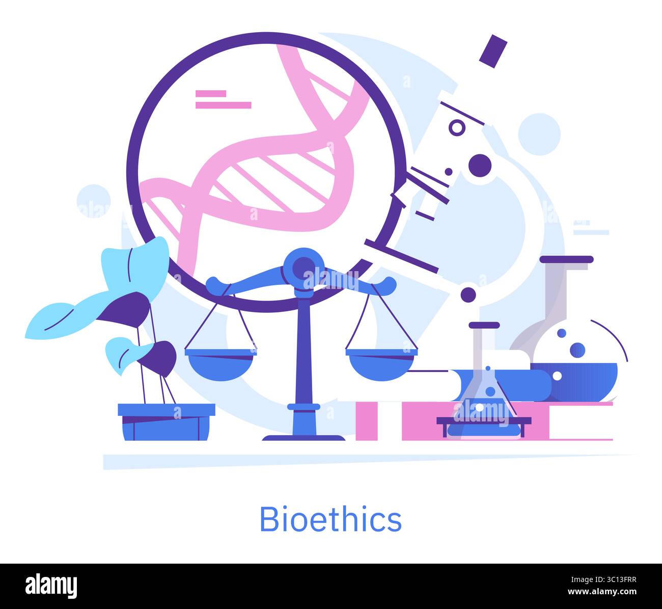 Illustrazione vettoriale che raffigura il concetto di bioetica con simboli quali il filamento di DNA, le bilance, il microscopio, le piante e le apparecchiature di laboratorio, rappresentare le questioni etiche in biologia. Illustrazione Vettoriale