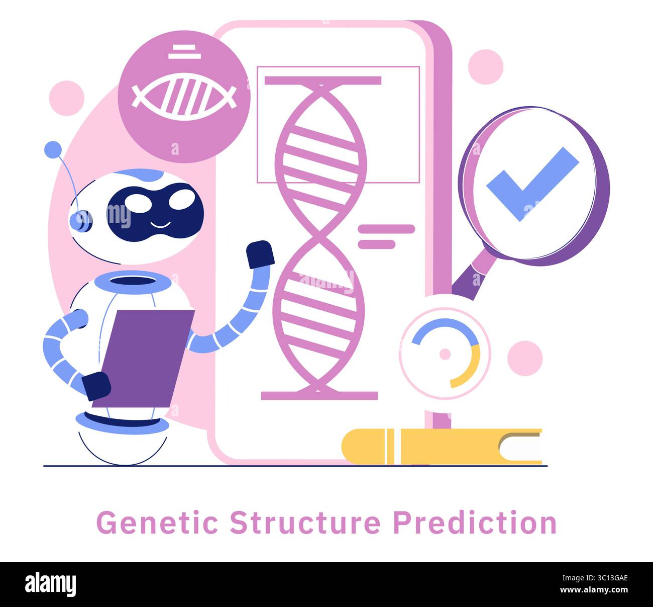L'INTELLIGENZA ARTIFICIALE in medicina migliora la previsione della struttura genetica attraverso tecnologie innovative. Un robot analizza i modelli del DNA, dimostrando l'integrazione dell'intelligenza artificiale nei progressi nel settore sanitario. Illustrazione Vettoriale