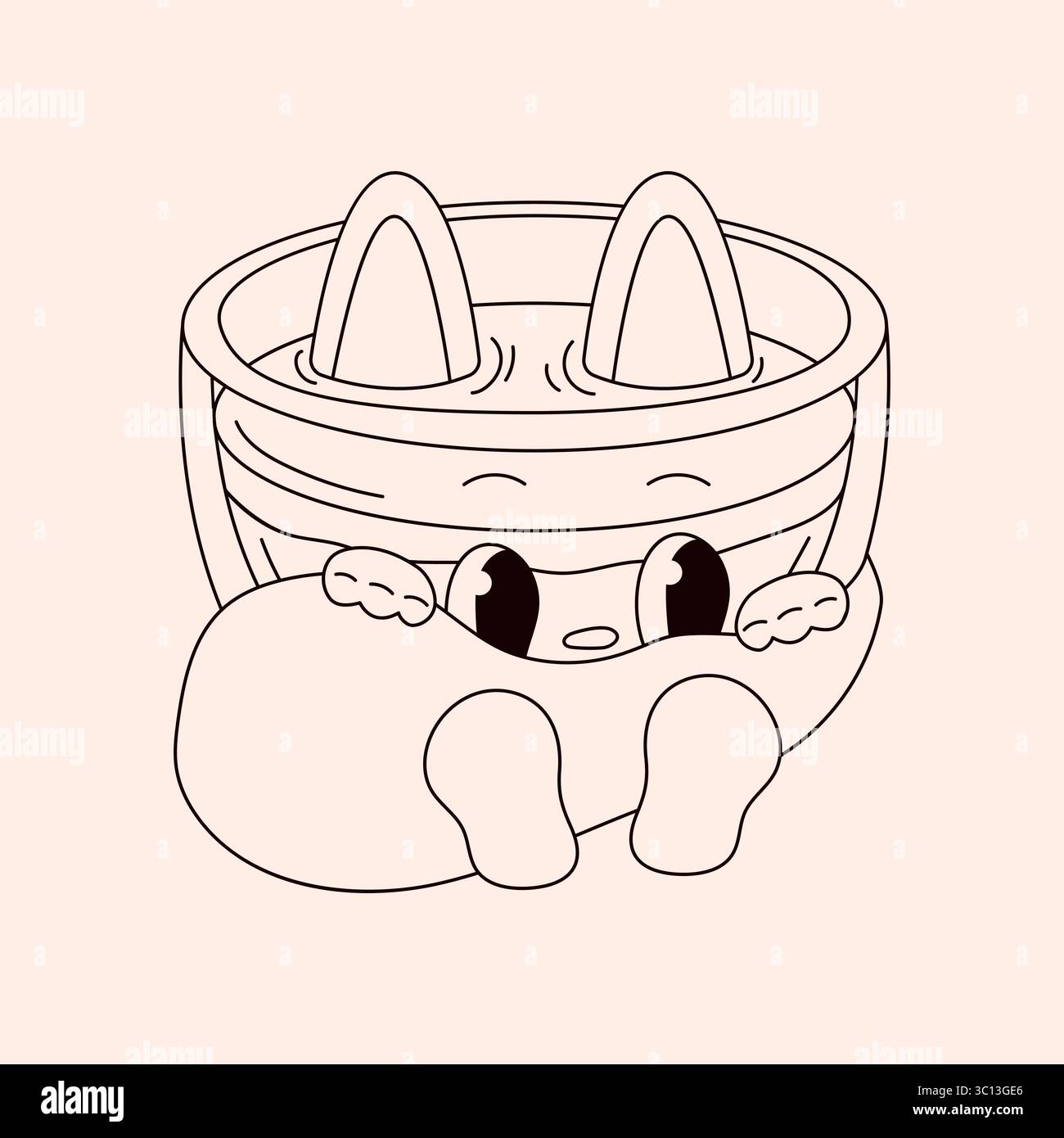 Personaggio gatto da bibita goffa con orecchie e coda in stile art di linea. Tazza di caffè retrò. Illustrazione vettoriale isolata su uno sfondo chiaro. Illustrazione Vettoriale