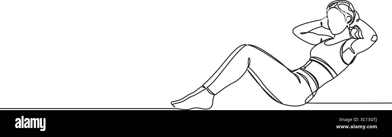 disegno continuo a linea singola di una donna in forma che si allena seduti, illustrazione vettoriale line art Illustrazione Vettoriale