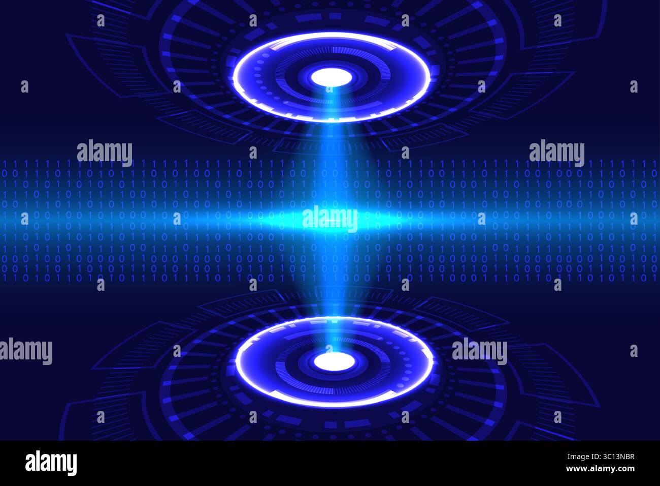 Sfondo digitale astratto con codice binario luminoso e interfacce circolari olografiche, che simboleggiano il trasferimento dei dati e la tecnologia futura, vettore Illustrazione Vettoriale