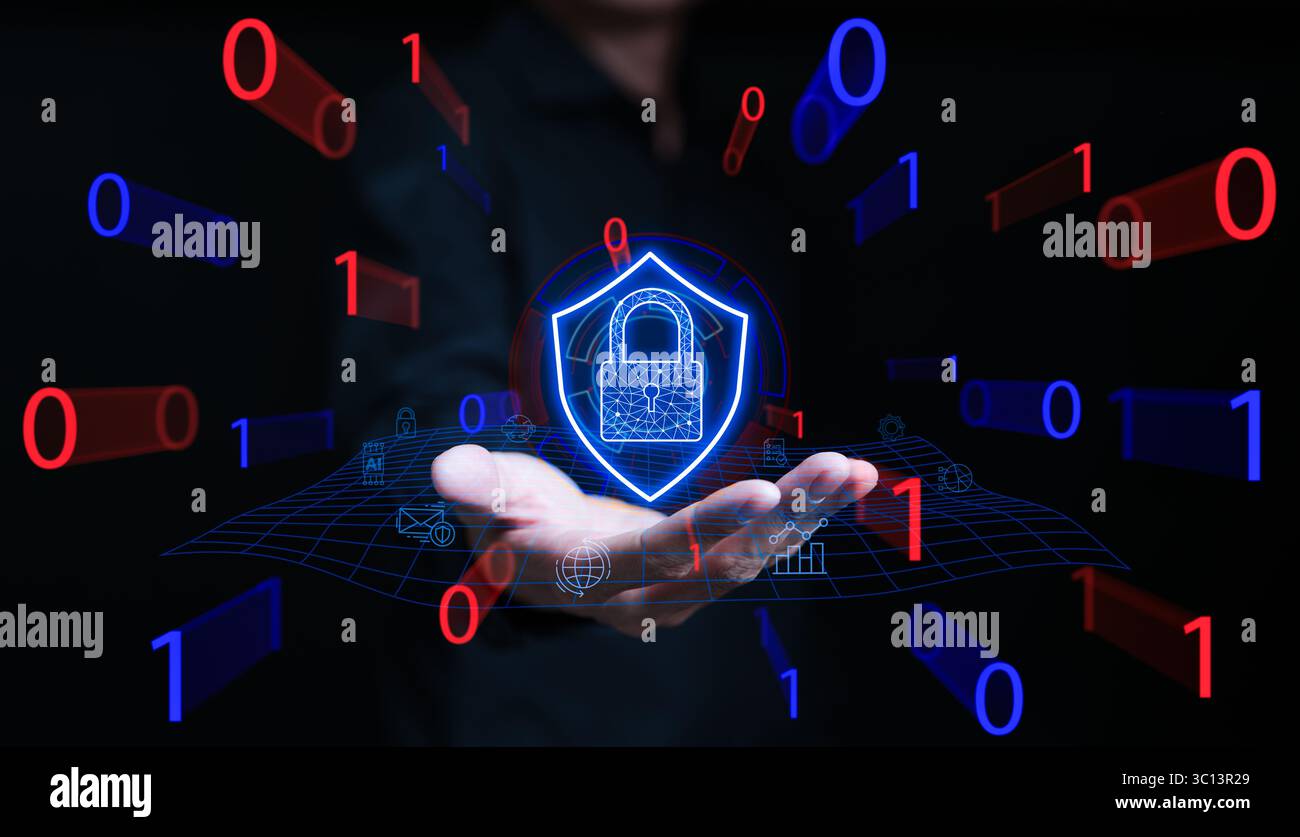 Protezione e crittografia della privacy degli utenti, concetto di sicurezza informatica. Accesso sicuro a Internet tecnologia e cibernetica del futuro, lucchetto dello schermo, informazioni Foto Stock