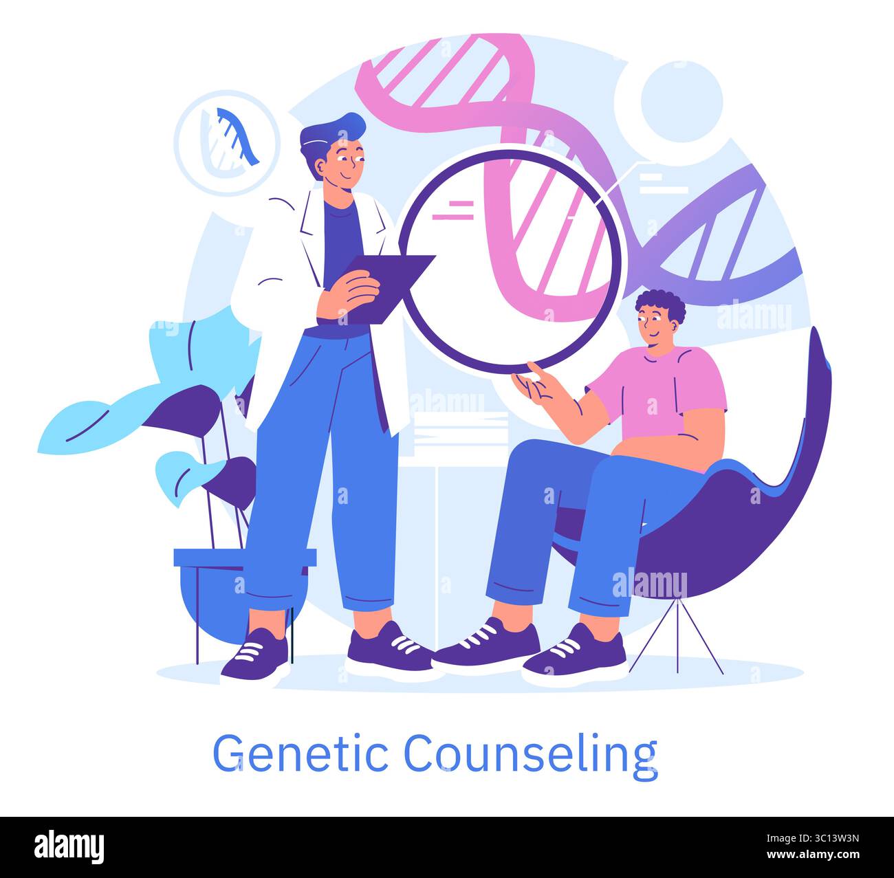 Illustrazione vettoriale che mostra una sessione di consulenza genetica con un professionista che spiega i concetti del DNA a un cliente. L'immagine mette in evidenza i temi della sanità e dell'educazione genetica. Illustrazione Vettoriale