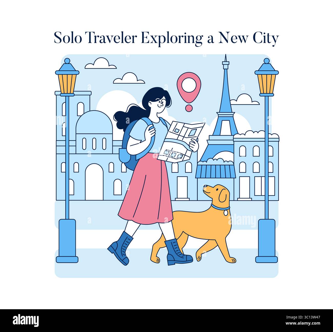 Viaggiatore da solo e il suo cane esplorano una nuova città con una mappa che presenta monumenti iconici. Illustrazione Vettoriale