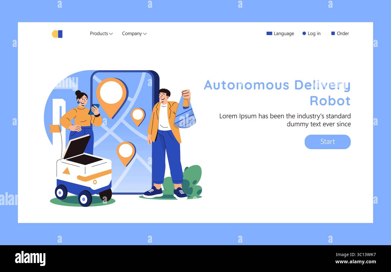 Il futuro della consegna. I robot autonomi portano i pacchetti a portata di mano mentre gli utenti monitorano gli ordini sugli smartphone, creando un'esperienza senza contatto e senza interruzioni grazie alla logistica moderna e alla tecnologia urbana. Illustrazione vettoriale. Illustrazione Vettoriale