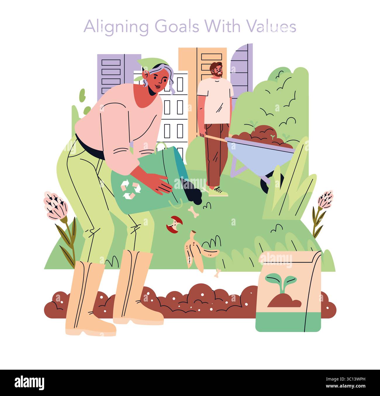 Volontari della comunità dei giardini urbani impegnati nel riciclaggio e nel giardinaggio sostenibile, concentrandosi su pratiche ecocompatibili. Illustrazione Vettoriale