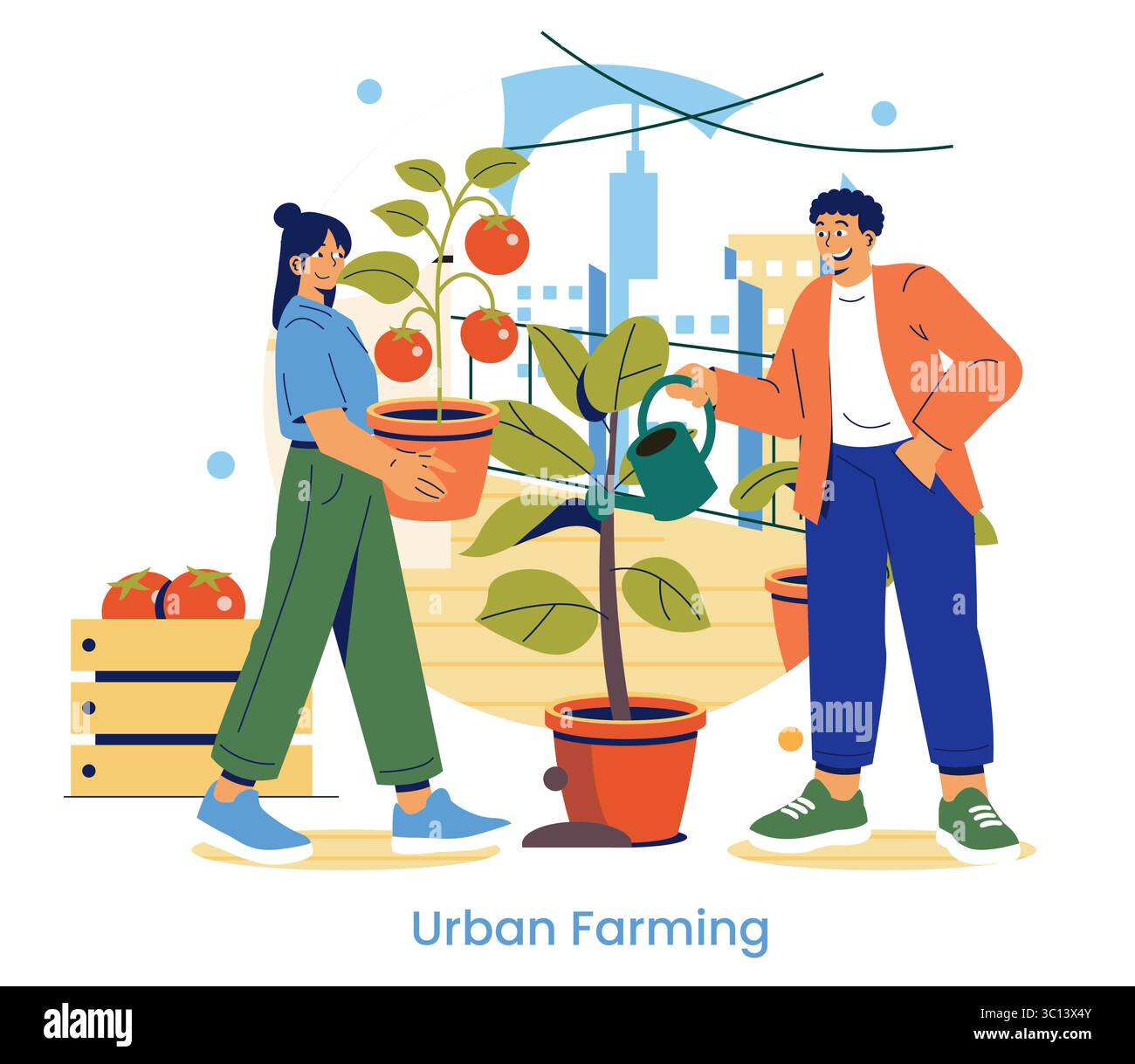 Illustrazione vettoriale di due persone impegnate nell'agricoltura urbana, felicemente tendenti alle piante in vaso con pomodori. L'ambiente mette in risalto il giardinaggio della comunità in un ambiente urbano. Illustrazione Vettoriale
