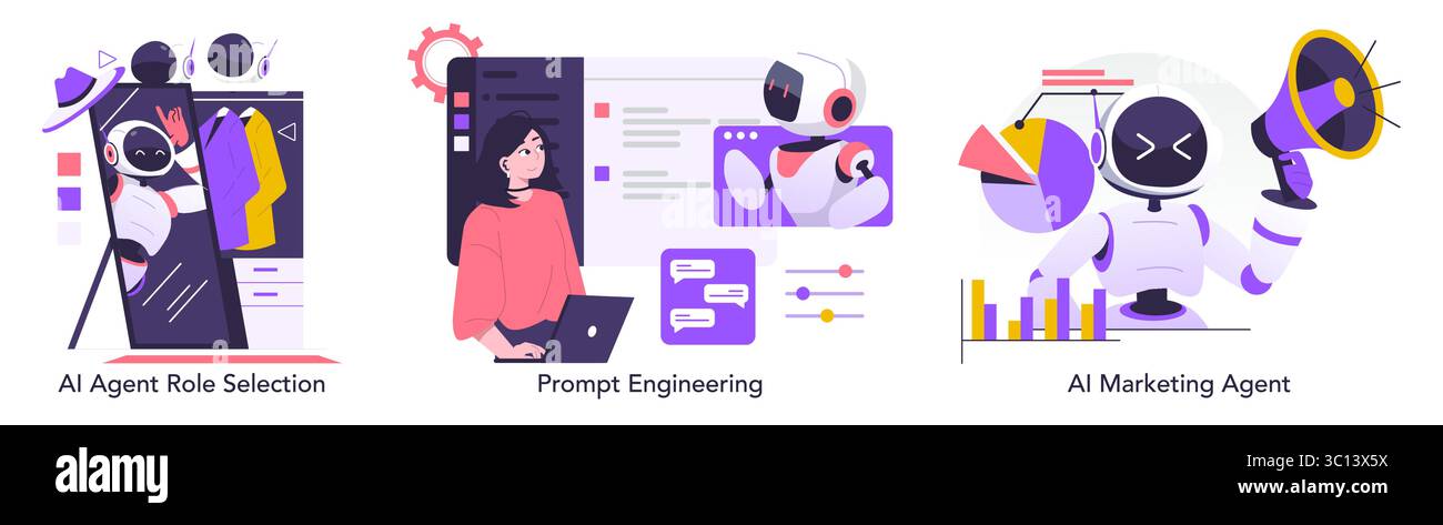 Illustrazione vettoriale che raffigura gli agenti di intelligenza artificiale che selezionano i ruoli, si impegnano nella progettazione immediata e svolgono funzioni di marketing. Visualizza un'entità robotica in uno specchio, una donna con un notebook e un robot con un megafono. Illustrazione Vettoriale