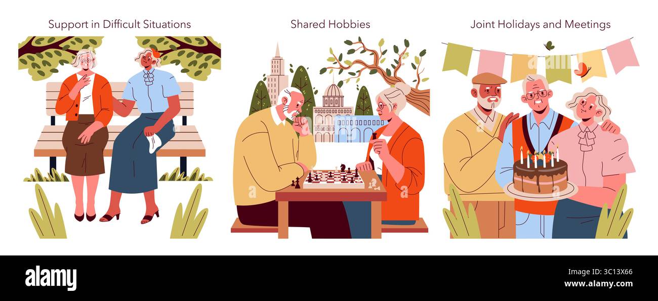 Illustrazione vettoriale che raffigura tre scene di amicizie con anziani. Uno mostra il supporto emotivo su una panchina, un altro mostra gli scacchi come un hobby condiviso, e l'ultimo presenta una festosa festa di compleanno. Illustrazione Vettoriale