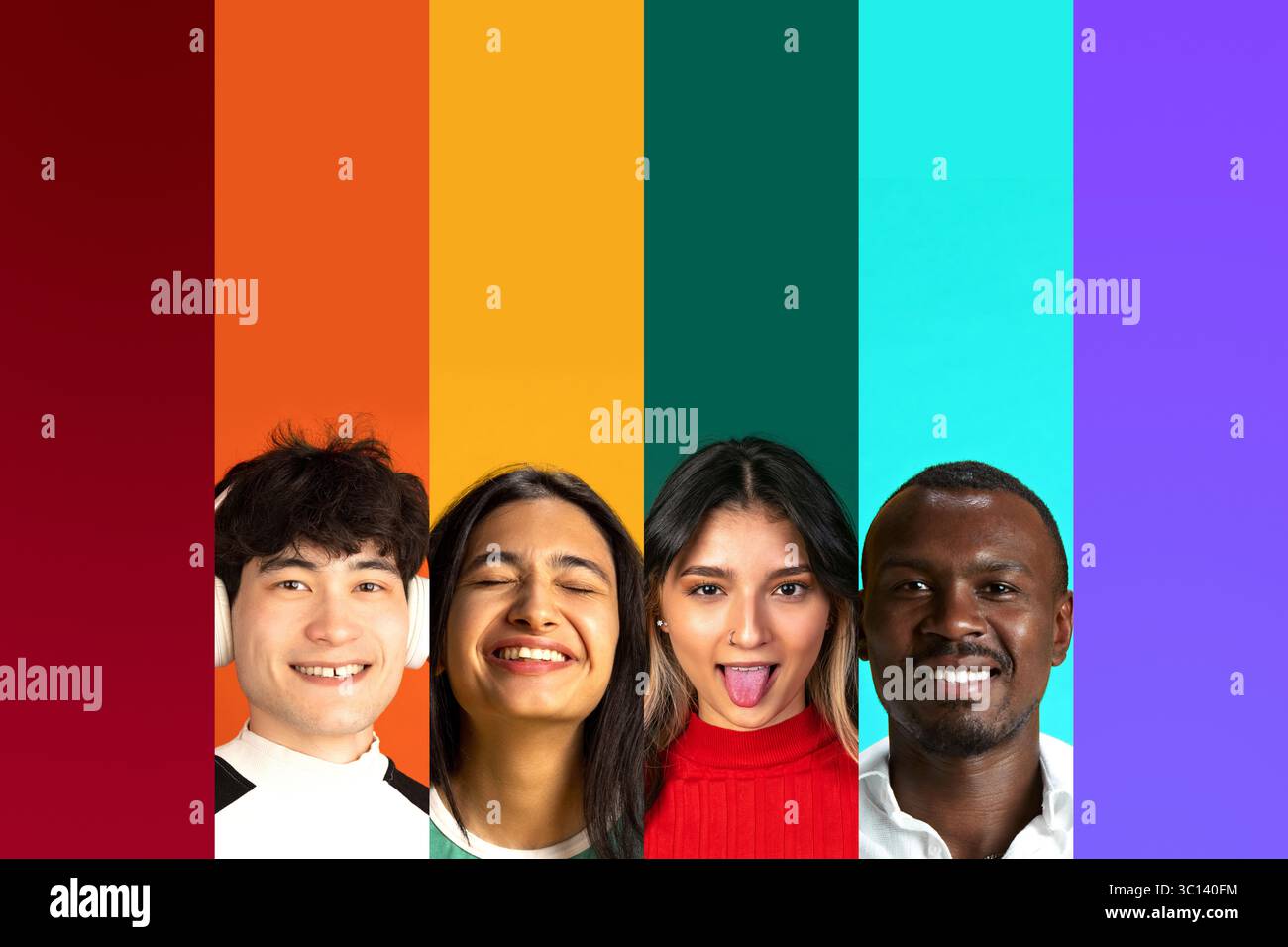 Gruppo di giovani adulti sorridenti con sfondi verticali arcobaleno. Concetto di campagne multiculturali per giovani, grafica didattica, stile di vita inclusivo Foto Stock