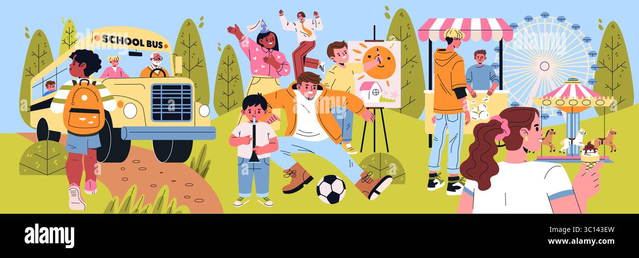 Illustrazione vettoriale di bambini impegnati in varie attività divertenti in un evento scolastico. I bambini disegnano, giocano a calcio, si imbarcano su uno scuolabus, mangiano gelati e ballano gioiosamente all'aperto. Illustrazione Vettoriale