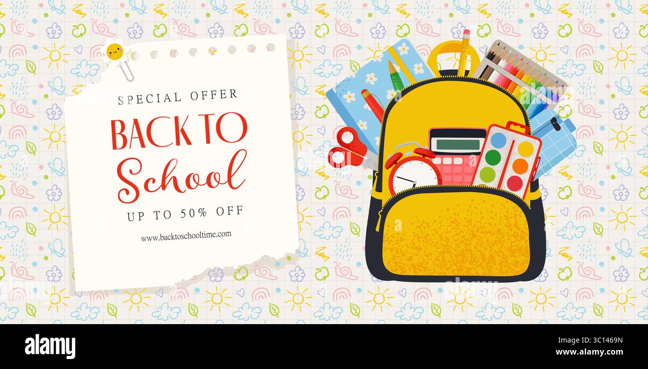 Banner Back to School con zaino scolastico e provviste. Illustrazione vettoriale in stile piatto Illustrazione Vettoriale