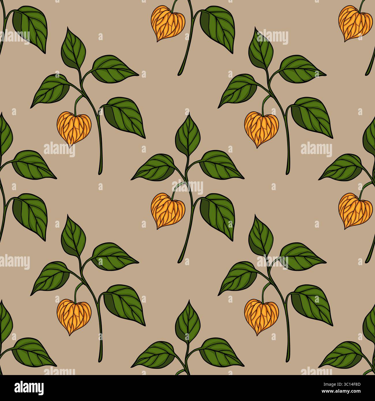 Motivo vettoriale senza cuciture di rami Physalis stilizzati con frutti d'arancia e foglie verdi su sfondo beige, creando un delicato design autunnale. Illustrazione Vettoriale