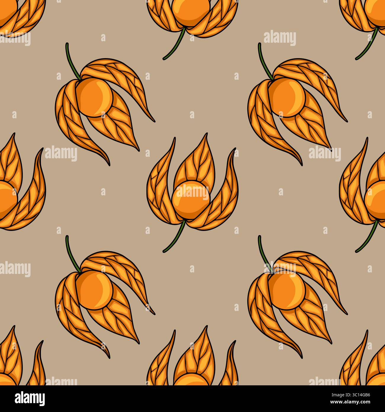 Motivo vettoriale senza cuciture di frutti di fitis stilizzati in calde tonalità arancioni su sfondo beige, creando un design autunnale unico ideale per i texti Illustrazione Vettoriale
