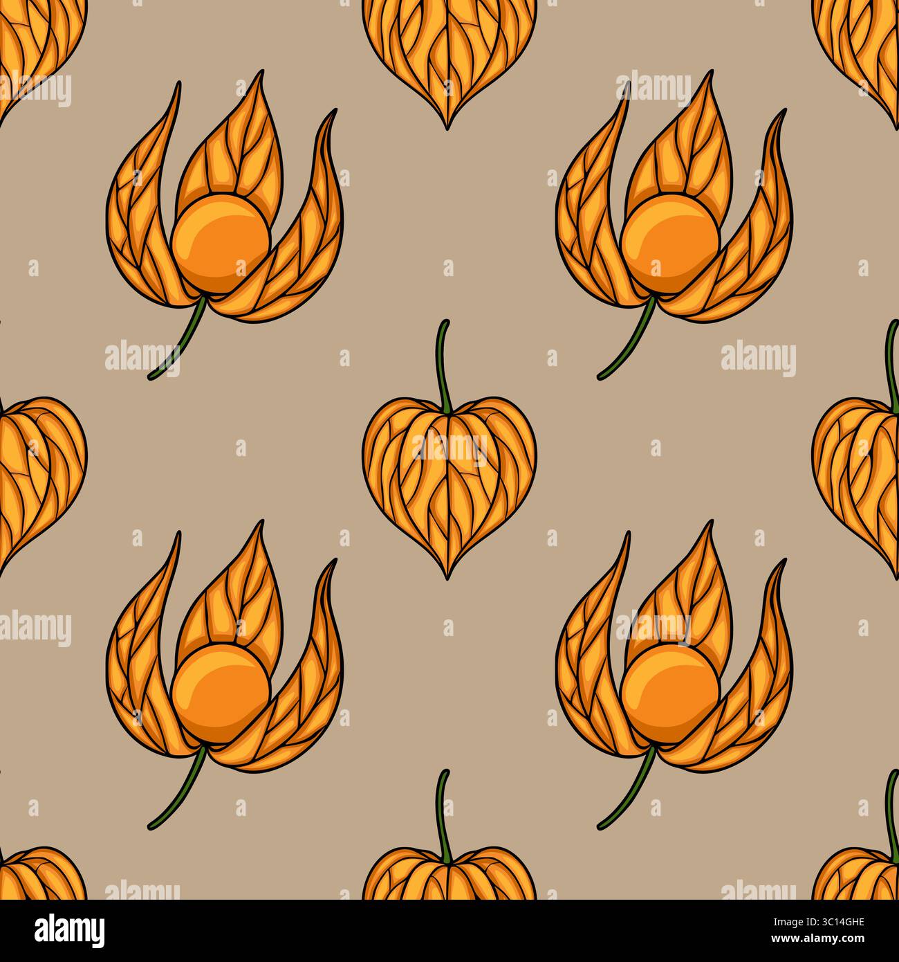 Motivo vettoriale senza cuciture con frutti di fitis arancioni stilizzati in un design ripetuto su sfondo beige, che offre un'estetica autunnale unica. Illustrazione Vettoriale