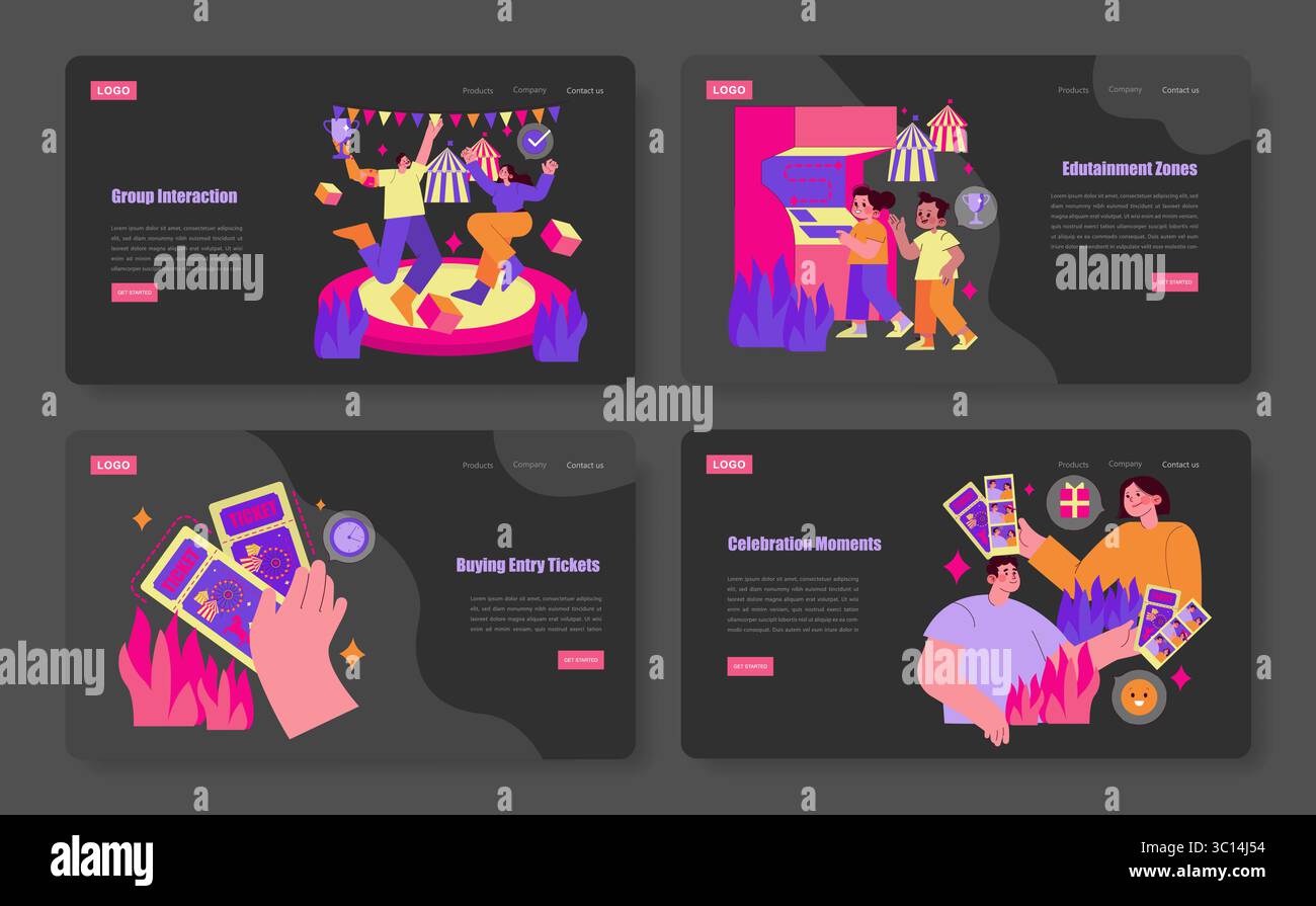 Set di illustrazioni vettoriali che raffigura vivaci attività del parco divertimenti, tra cui interazione di gruppo, zone di intrattenimento, acquisto di biglietti d'ingresso e momenti di festa, evidenziando emozioni e gioia. Illustrazione Vettoriale