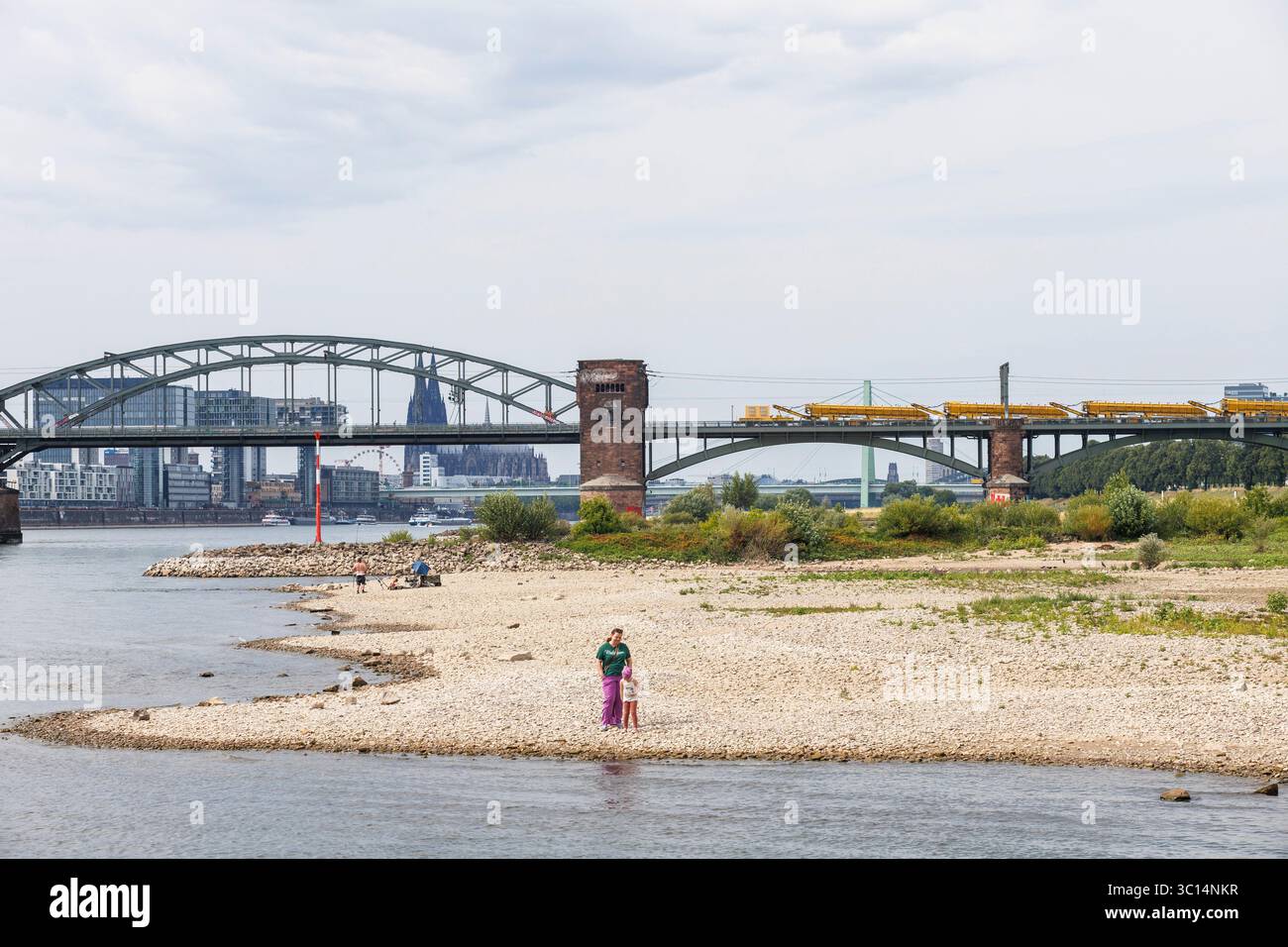 Il livello del Reno il 19 luglio 2025 a 166 cm, sponde del fiume Reno a Colonia-poll, vista sul Ponte Sud e la cattedrale di Colonia, Germania. Pegel Foto Stock