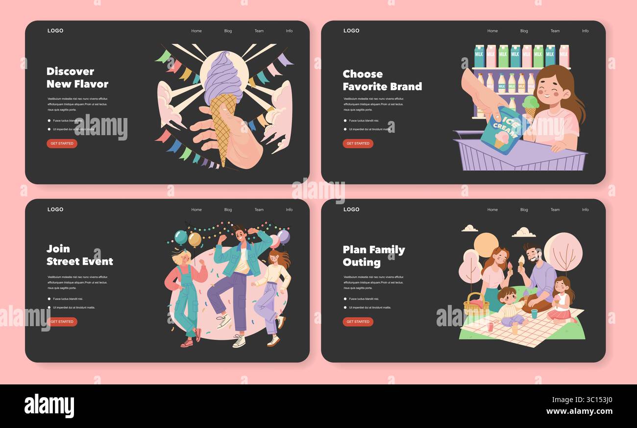 Serie di illustrazioni vettoriali che mostrano vari temi gelati. Comprende scoprire nuovi sapori, scegliere i marchi, un vivace evento di strada e una rilassante gita in famiglia in un parco. Illustrazione Vettoriale