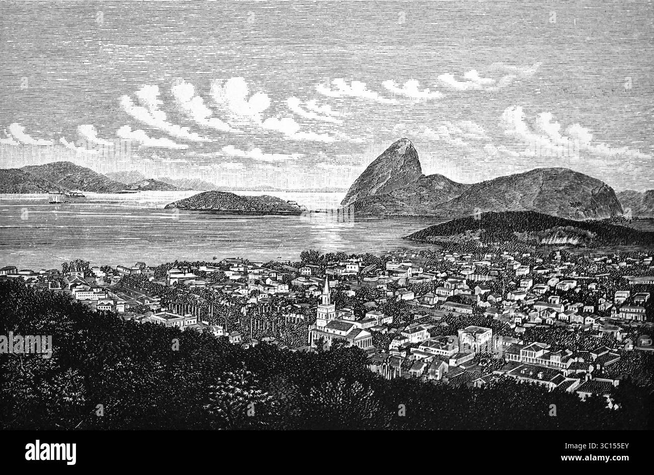 Paesaggio urbano di Rio de Janeiro, chiesa, case, aree verdi, baia di Guanabara, paesaggio acquatico e montano, Oceano Atlantico, Brasile, illustrazione storica Foto Stock