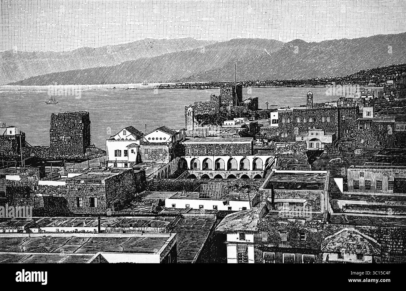 Centro storico di Beirut sul Mediterraneo orientale, capitale, torri, case a tetto piatto, paesaggio montano, Libano, illustrazione storica 1896 Foto Stock