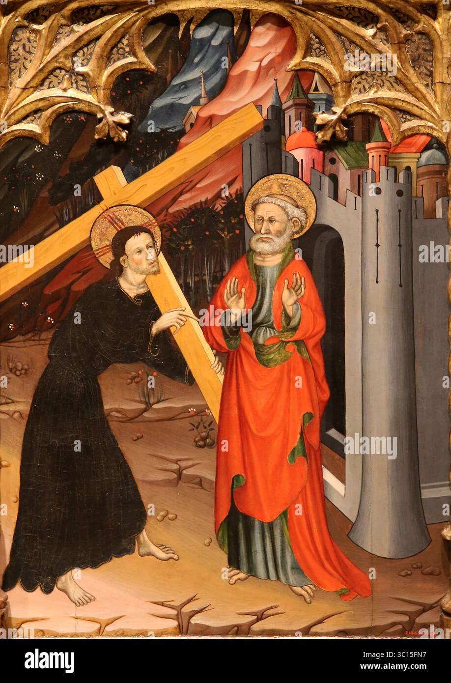 Particolare di San Pietro con Cristo. Pala d'altare dei Santi Michael e Peter (c1432) di Bernat Despuig e Jaume Cirera. MNAC. Spagna. Foto Stock
