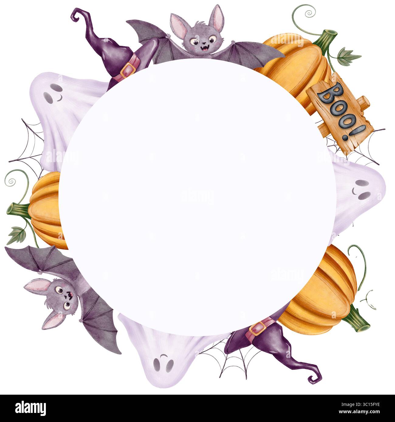 Cornice rotonda con simpatici fantasmi, zucche, cappello da strega e pipistrelli, disegnata a mano in stile spettrale acquerello, perfetta per inviti di Halloween, biglietti per feste Foto Stock