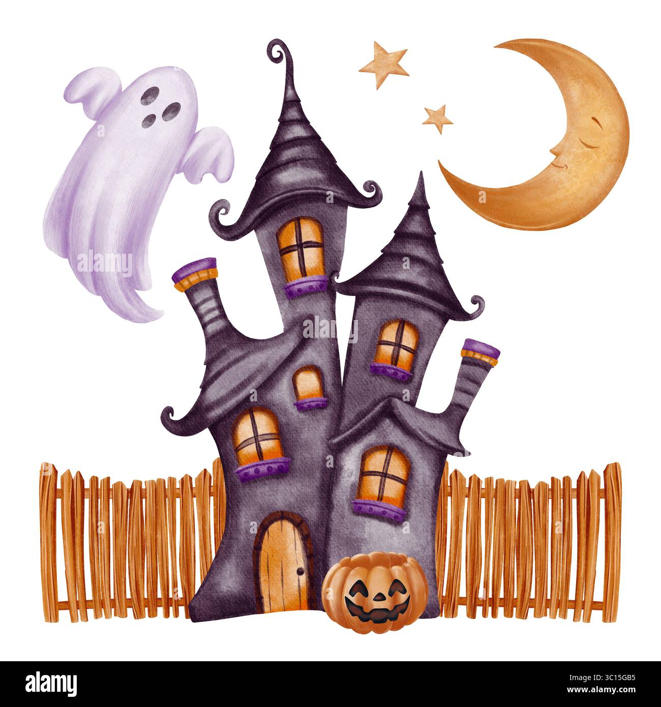 Casa infestata con torri storte, finestre luminose, zucca sorridente, recinzione in legno, fantasma, luna e stelle a mezzaluna Foto Stock