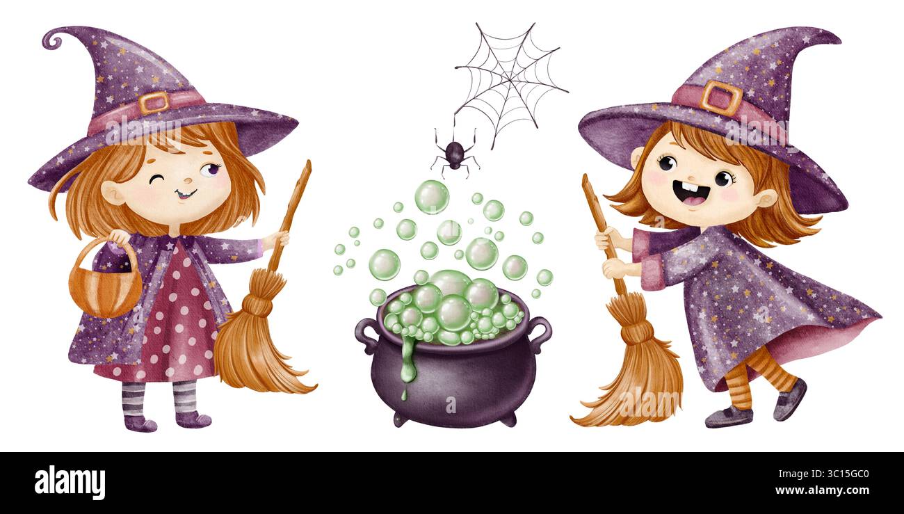 Due adorabili strege in cappelli con scopa si stagliano accanto a un calderone con pozione verde. L'illustrazione è realizzata in stile acquerello Foto Stock