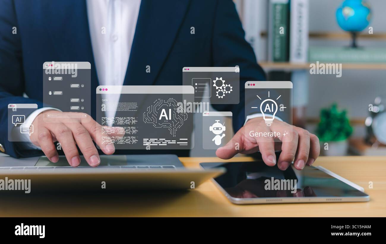 AI, software di intelligenza artificiale utilizzato dall'uomo d'affari per la generazione di contenuti, l'automazione e lo sviluppo di chatbot su dispositivi digitali nei moderni servizi Foto Stock