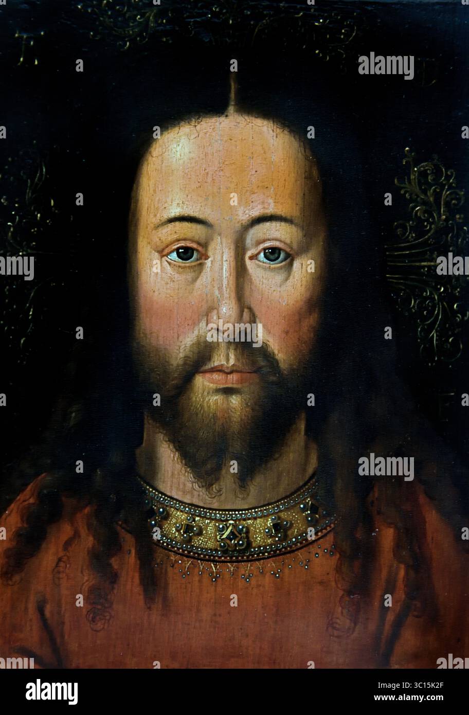 Vera Icon, 1601 - 1625, XVII secolo, di, anonimo pittore, copia dopo Jan van Eyck, Groeningemuseum, museo municipale, Bruges, Belgio, Belgio, fiammingo (questo ritratto idealizzato corrisponde bene alla descrizione dettagliata del volto di Cristo nella lettera apocrifa romana di Lentulo del XIV secolo. Elementi quali la divisione dei capelli, i blocchi arricciati nella parte inferiore e la barba a due punte sono chiaramente riconoscibili qui.. ) Foto Stock Vera Icon, 1601 - 1625, XVII secolo, di, anonimo pittore, copia dopo Jan van Eyck, Groeningemuseum, museo municipale, Bruges, Belgio, Belgio, fiammingo (questo ritratto idealizzato corrisponde bene alla descrizione dettagliata del volto di Cristo nella lettera apocrifa romana di Lentulo del XIV secolo. Elementi quali la divisione dei capelli, i blocchi arricciati nella parte inferiore e la barba a due punte sono chiaramente riconoscibili qui.. ) Foto Stock