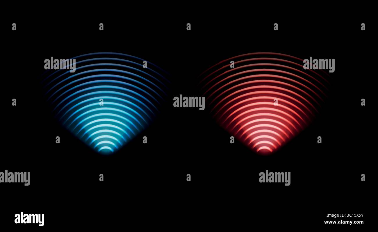 Simbolo del cerchio rosso e blu al neon per il monitoraggio e la protezione wireless. Anello di frequenza elettrico blu incandescente. Illustrazione Vettoriale