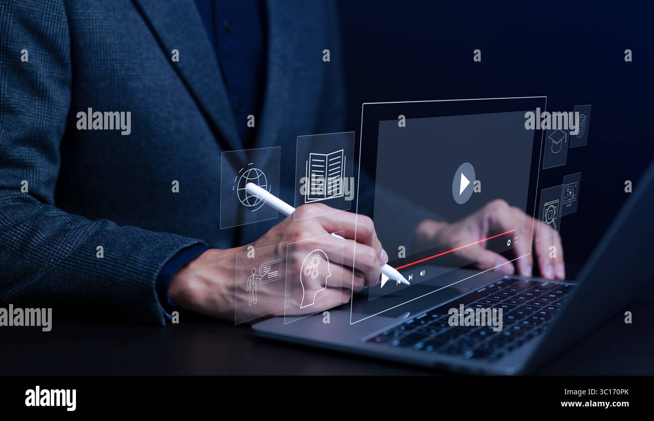 Concetto di e-learning. Istruzione su Internet, apprendimento online con webinar, lezioni e corsi online, tutorial video, tecnologia Smart Education, Foto Stock