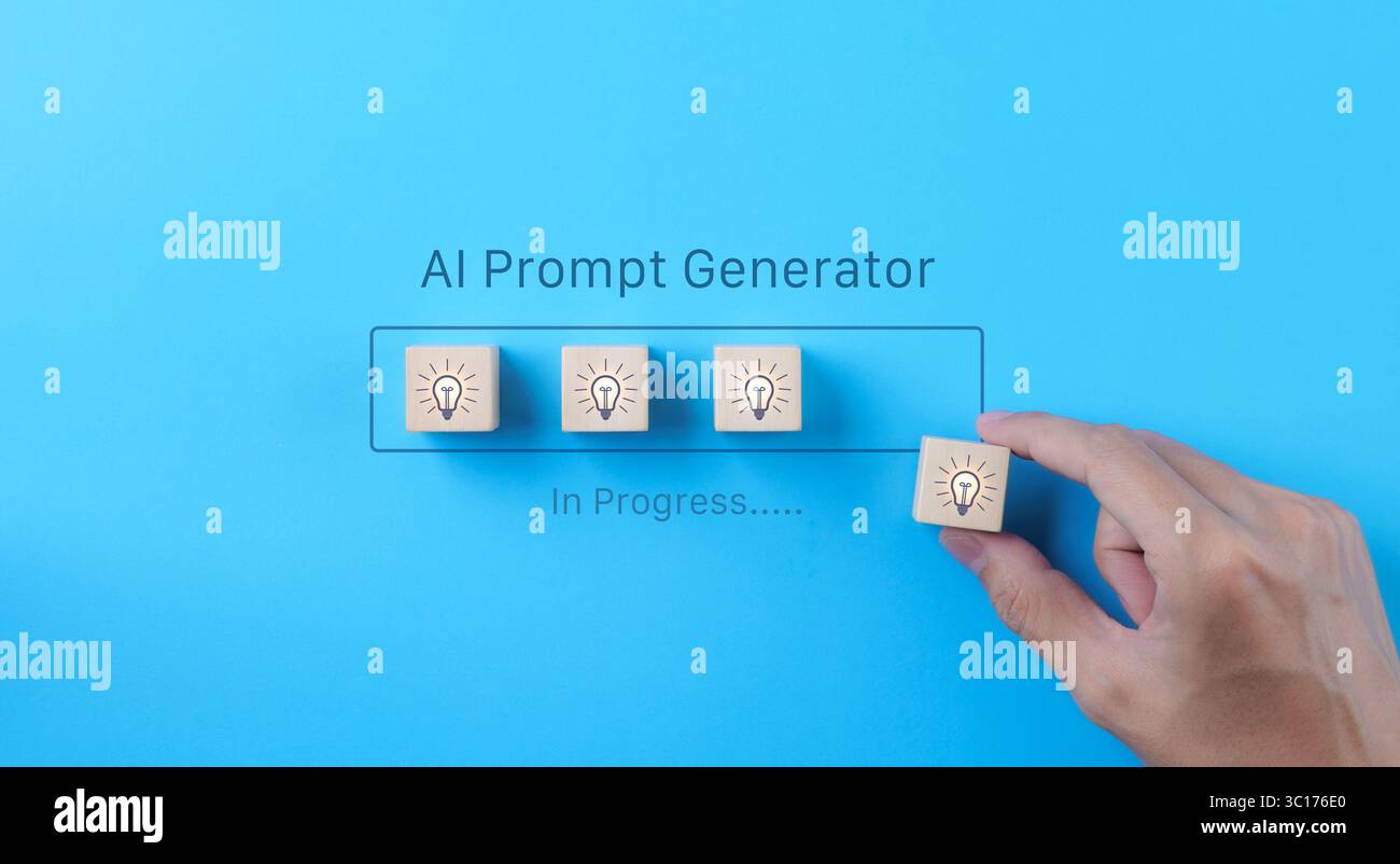 INTELLIGENZA artificiale o intelligenza artificiale. Mano che mette la lampadina idea cubo di legno su infografica virtuale generatore di prompt ai, software applicativo Foto Stock