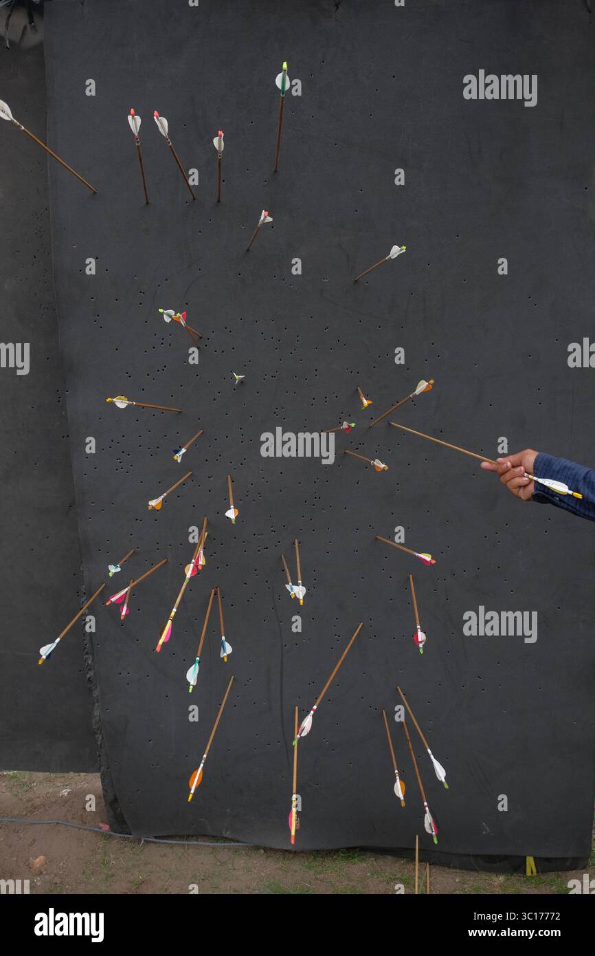 Frecce attaccate in schiuma nella tradizionale sessione di tiro con l'arco. Foto Stock