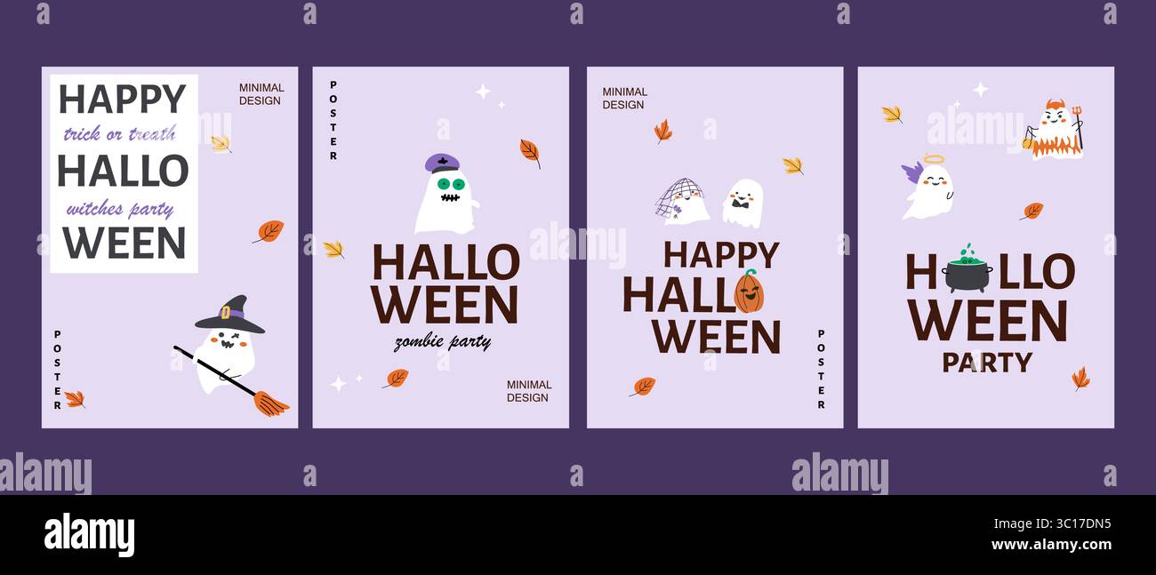 Poster delle feste di Halloween con simpatici fantasmi ed elementi festivi. Illustrazione Vettoriale