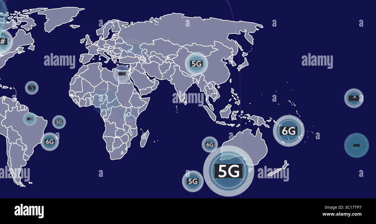 Visualizzazione di un'icona circolare grande etichettata 5G sovrapposta alla mappa del mondo, con icone 6G sparse, spazio di copia Foto Stock